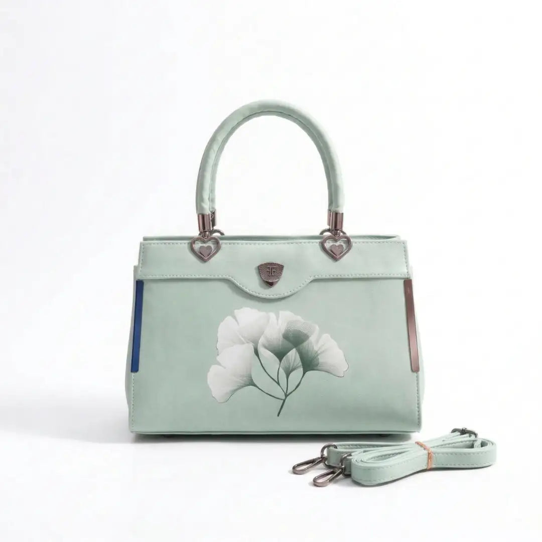 Floral Printed Handbag - Detachable Sling (Light Green)