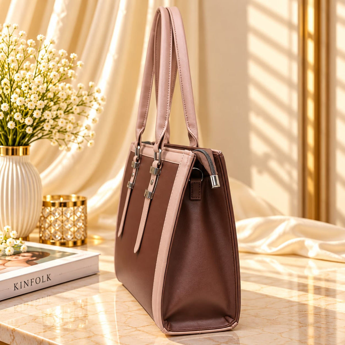 Two Tone Combination Tote Bags (Brown & Pink)