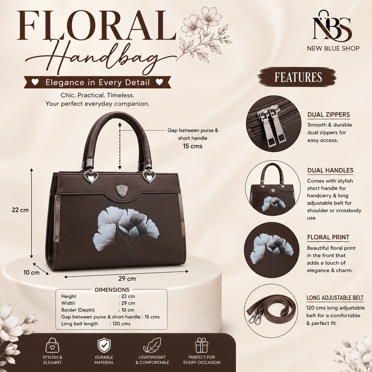 Floral Printed Handbag - Detachable Sling (Brown)