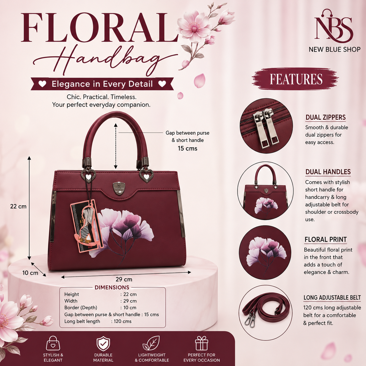 Floral Printed Handbag - Detachable Sling (Maroon)