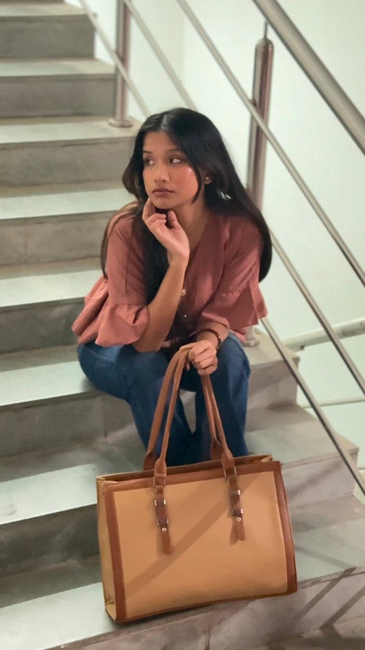 Two Tone Combination Tote Bags (Beige & Tan)