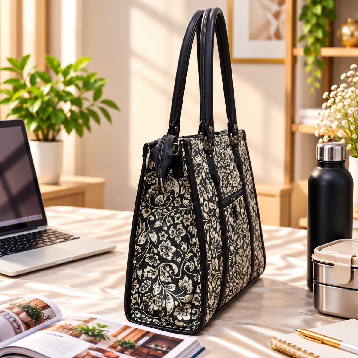 Eco Friendly Canvas Laptop Handbag (Black Floral)