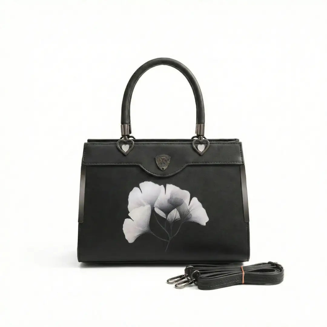 Floral Printed Handbag - Detachable Sling (Black)