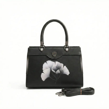 Floral Printed Handbag - Detachable Sling (Black)