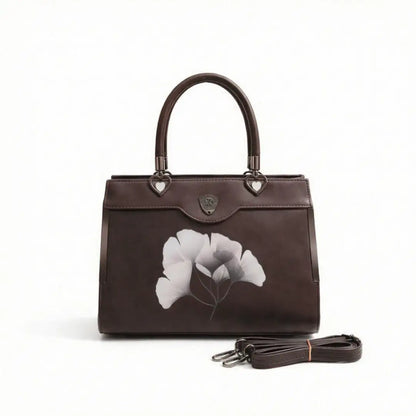 Floral Printed Handbag - Detachable Sling (Brown)