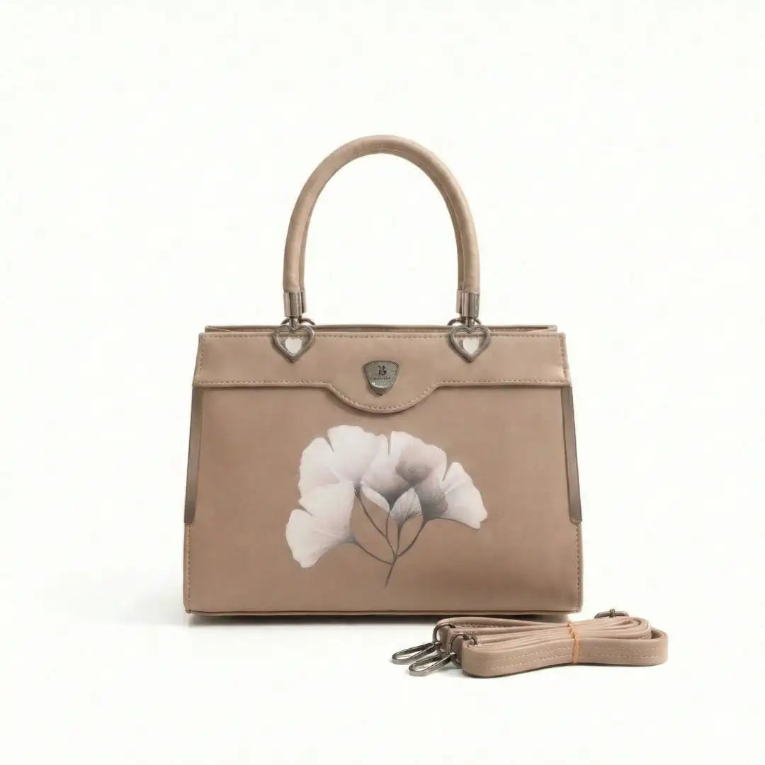 Floral Printed Handbag - Detachable Sling (Camel Brown)