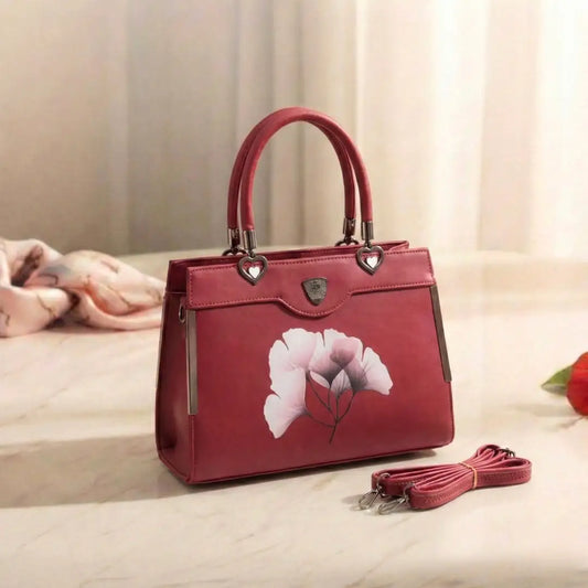 Floral Printed Handbag - Detachable Sling (Maroon)