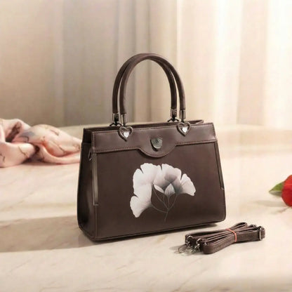 Floral Printed Handbag - Detachable Sling (Brown)