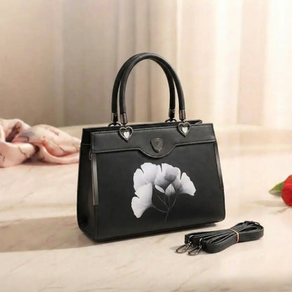 Floral Printed Handbag - Detachable Sling (Black)