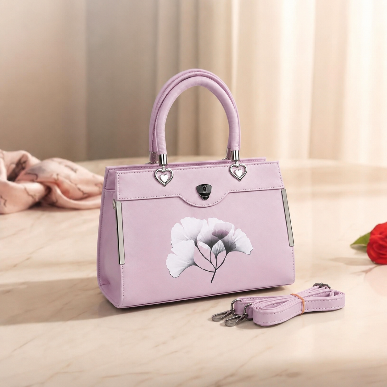 Floral Printed Handbag - Detachable Sling (Lavender)