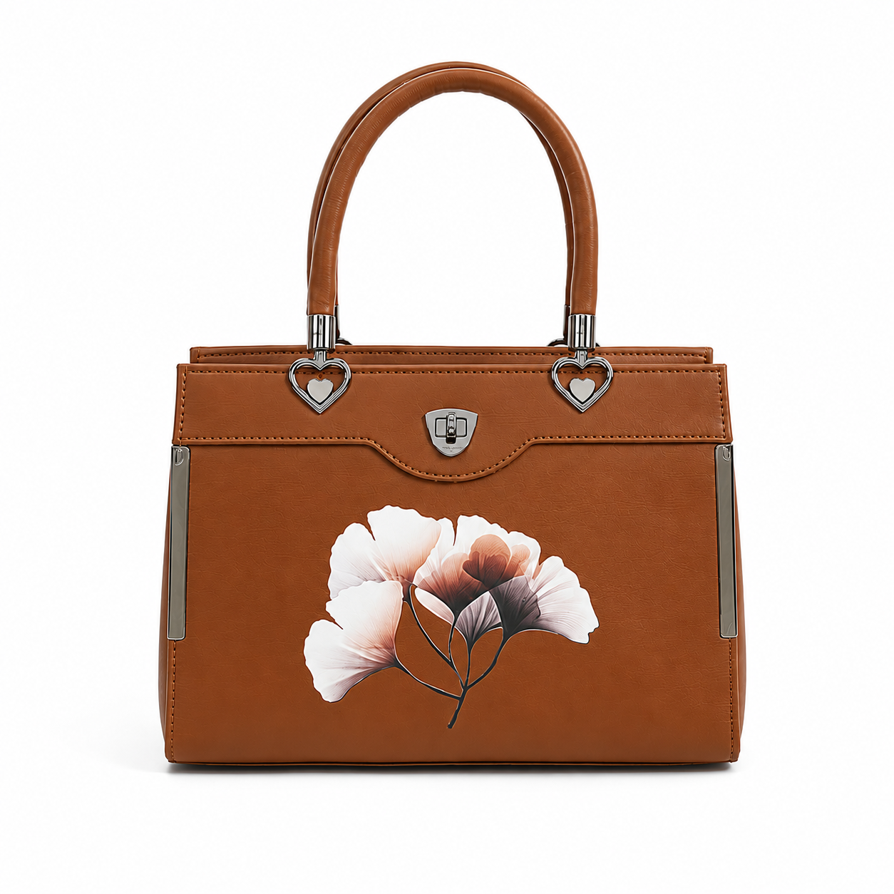 Floral Printed Handbag - Detachable Sling (Tan)