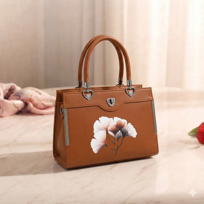 Floral Printed Handbag - Detachable Sling (Tan)