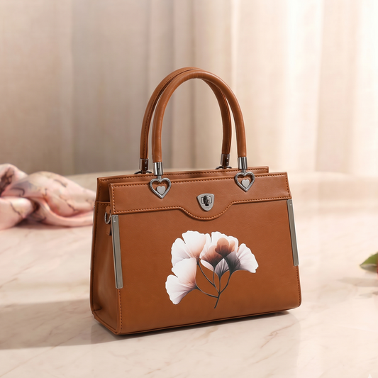 Floral Printed Handbag - Detachable Sling (Tan)