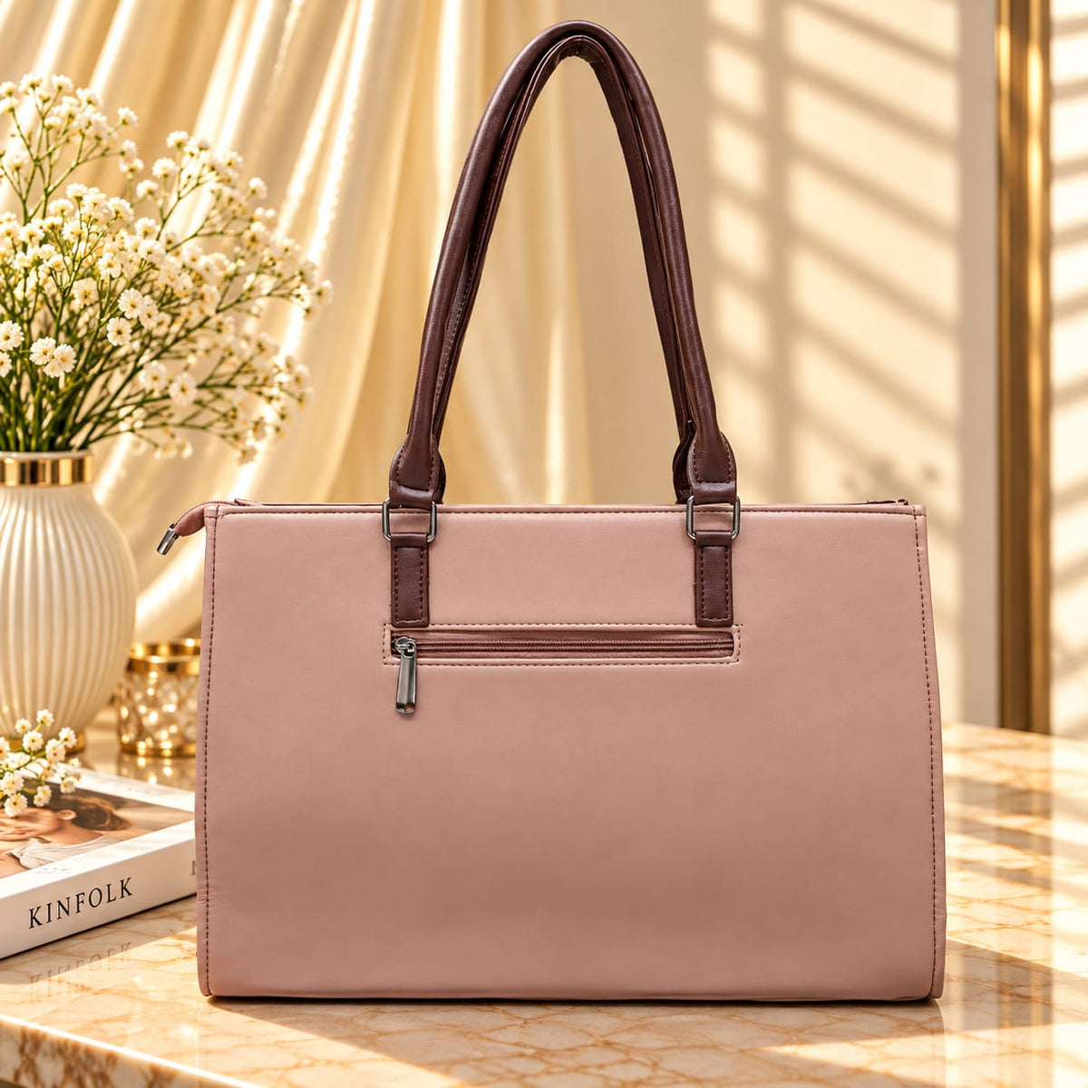 Two Tone Combination Tote Bags (Pink & Brown)