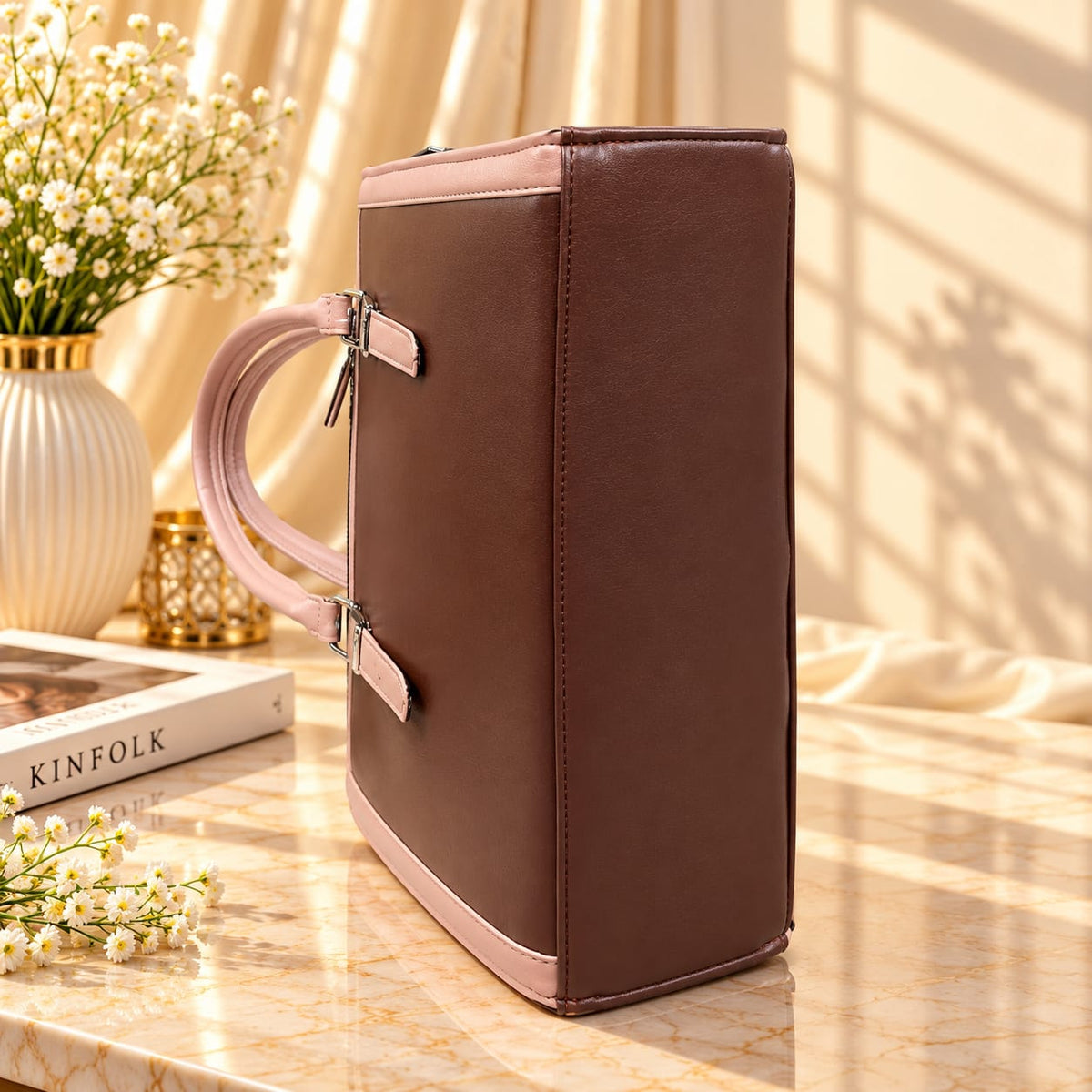 Two Tone Combination Tote Bags (Brown & Pink)