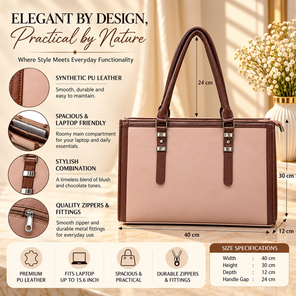 Two Tone Combination Tote Bags (Pink & Brown)