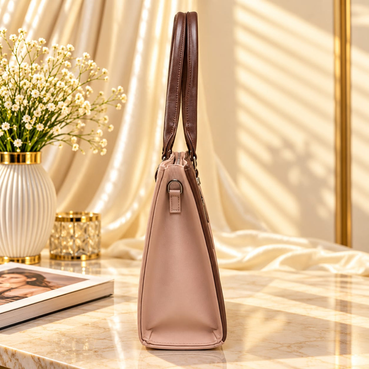 Two Tone Combination Tote Bags (Pink & Brown)