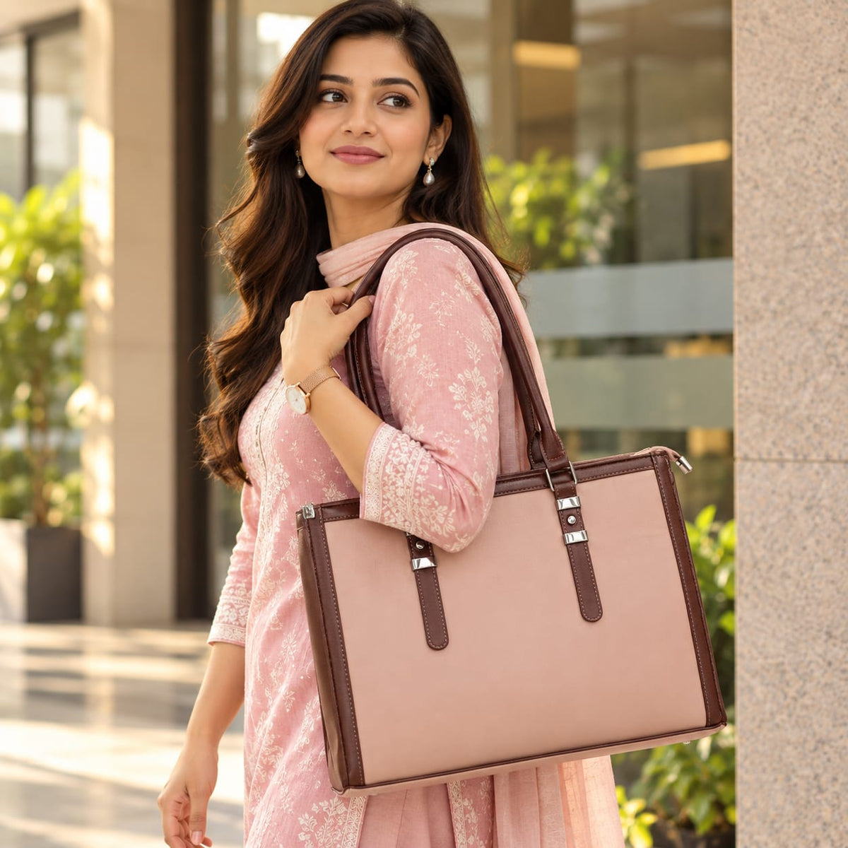 Two Tone Combination Tote Bags (Pink & Brown)
