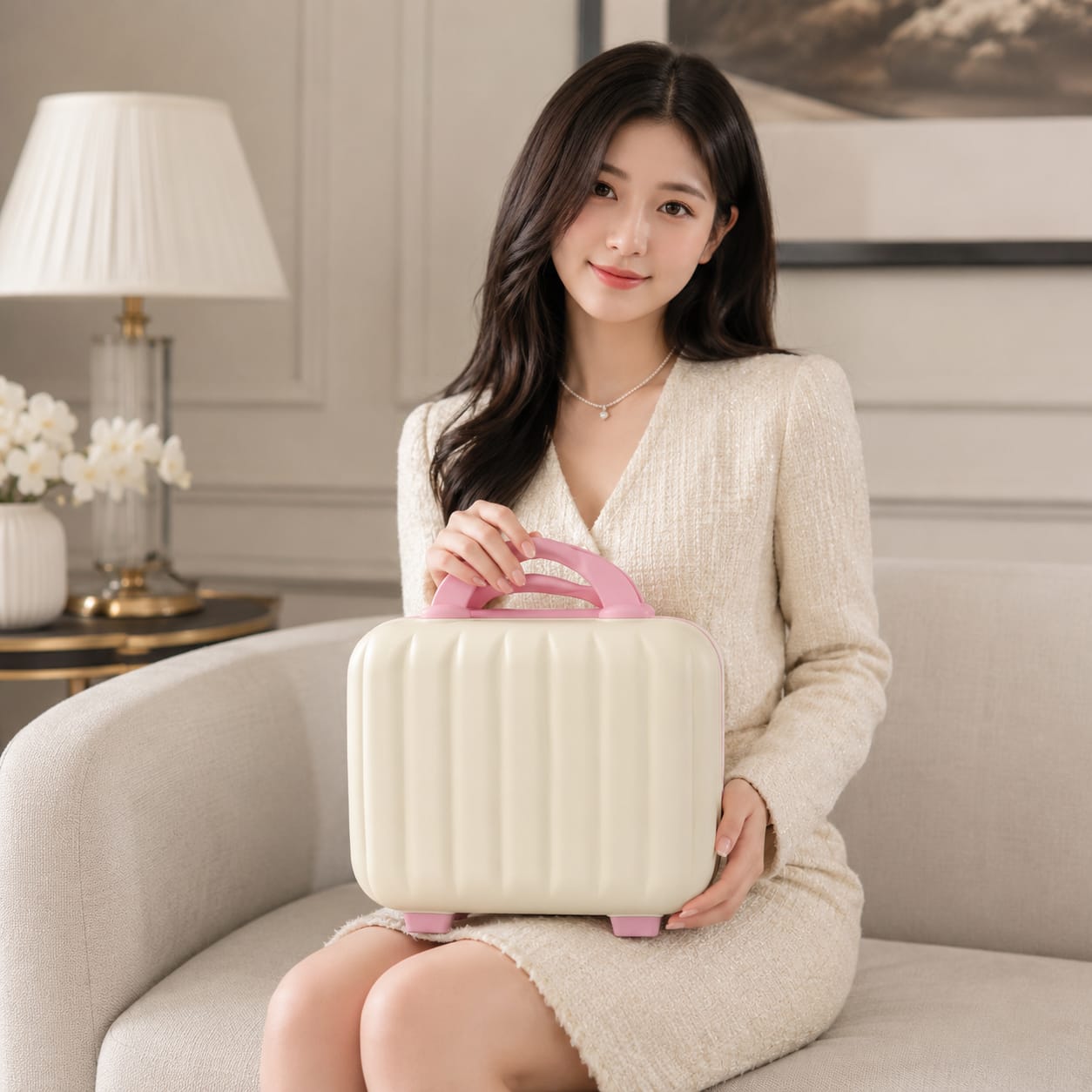 Stripes Mini Suitcase - Cream & Pink Combination