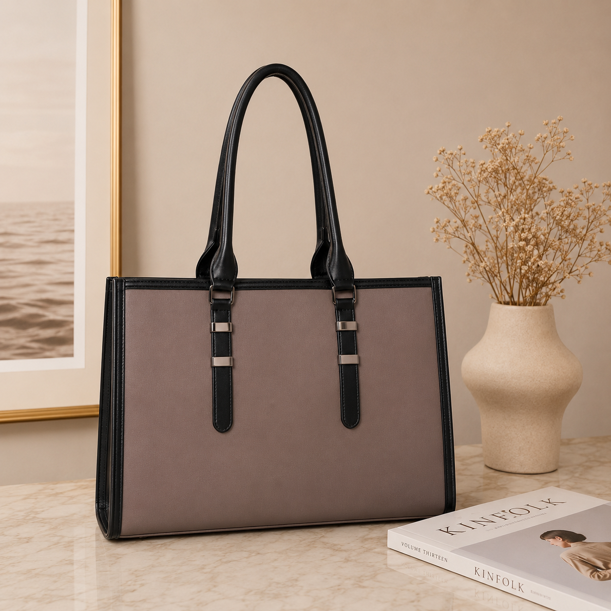 Two Tone Combination Tote Bags (Beige & Black)
