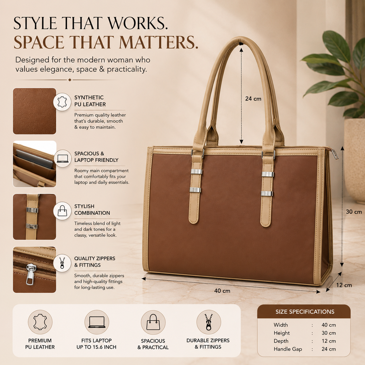 Two Tone Combination Tote Bags (Tan & Beige)