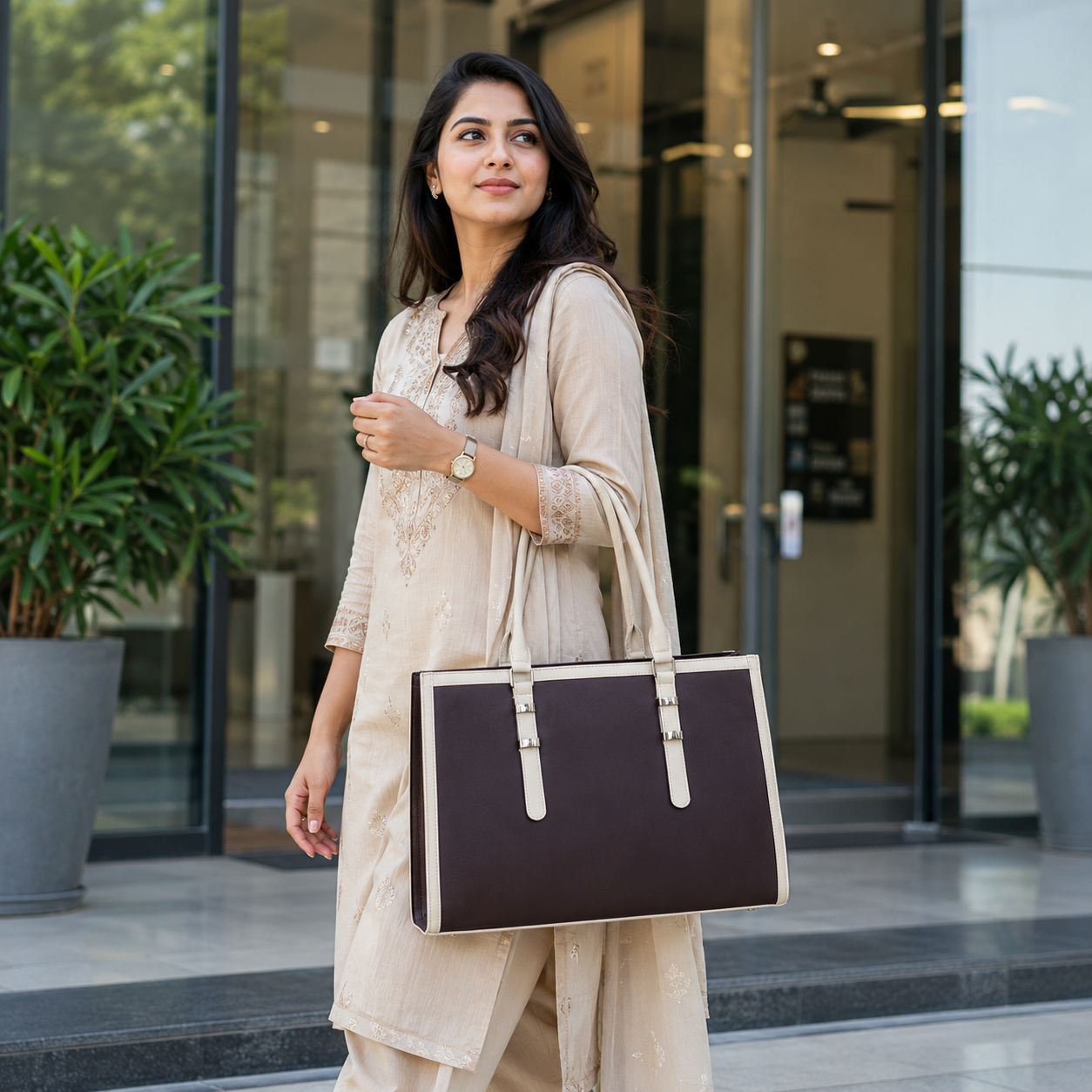 Two Tone Combination Tote Bags (Brown & Cream)