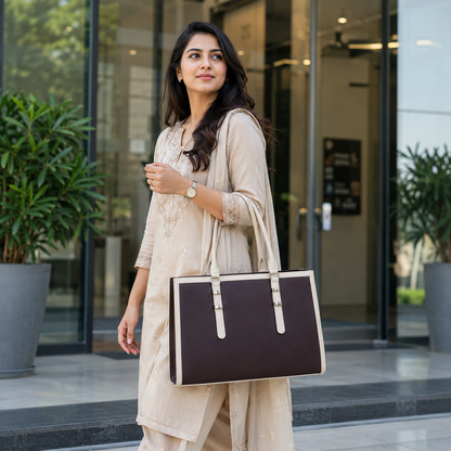 Two Tone Combination Tote Bags (Brown & Cream)