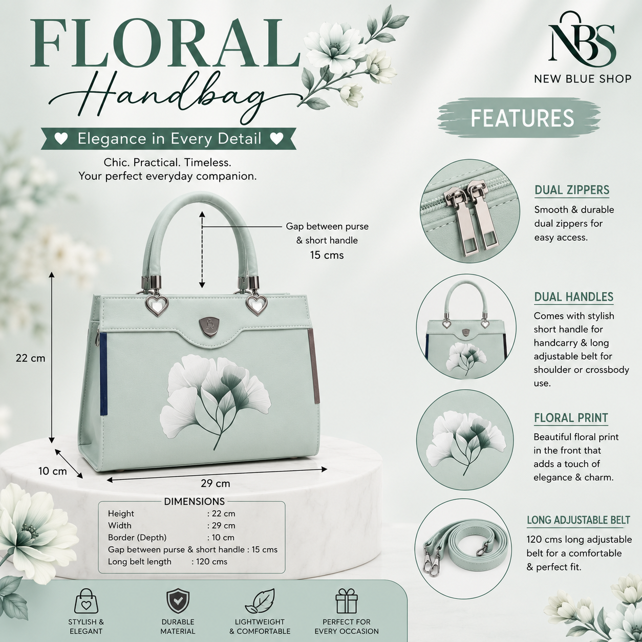 Floral Printed Handbag - Detachable Sling (Light Green)