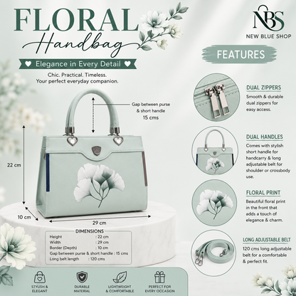 Floral Printed Handbag - Detachable Sling (Light Green)