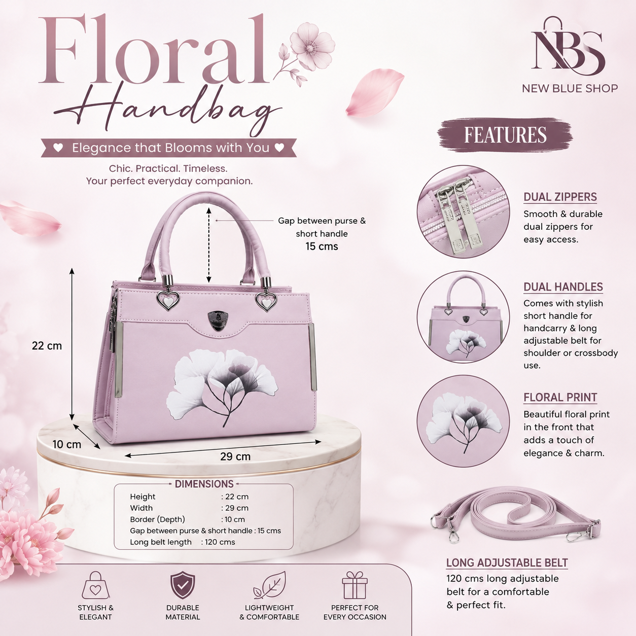 Floral Printed Handbag - Detachable Sling (Lavender)