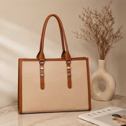 Two Tone Combination Tote Bags (Beige & Tan)