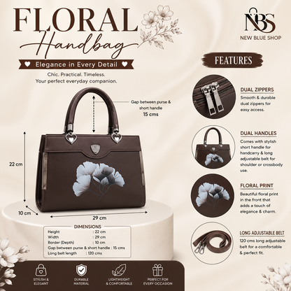 Floral Printed Handbag - Detachable Sling (Brown)