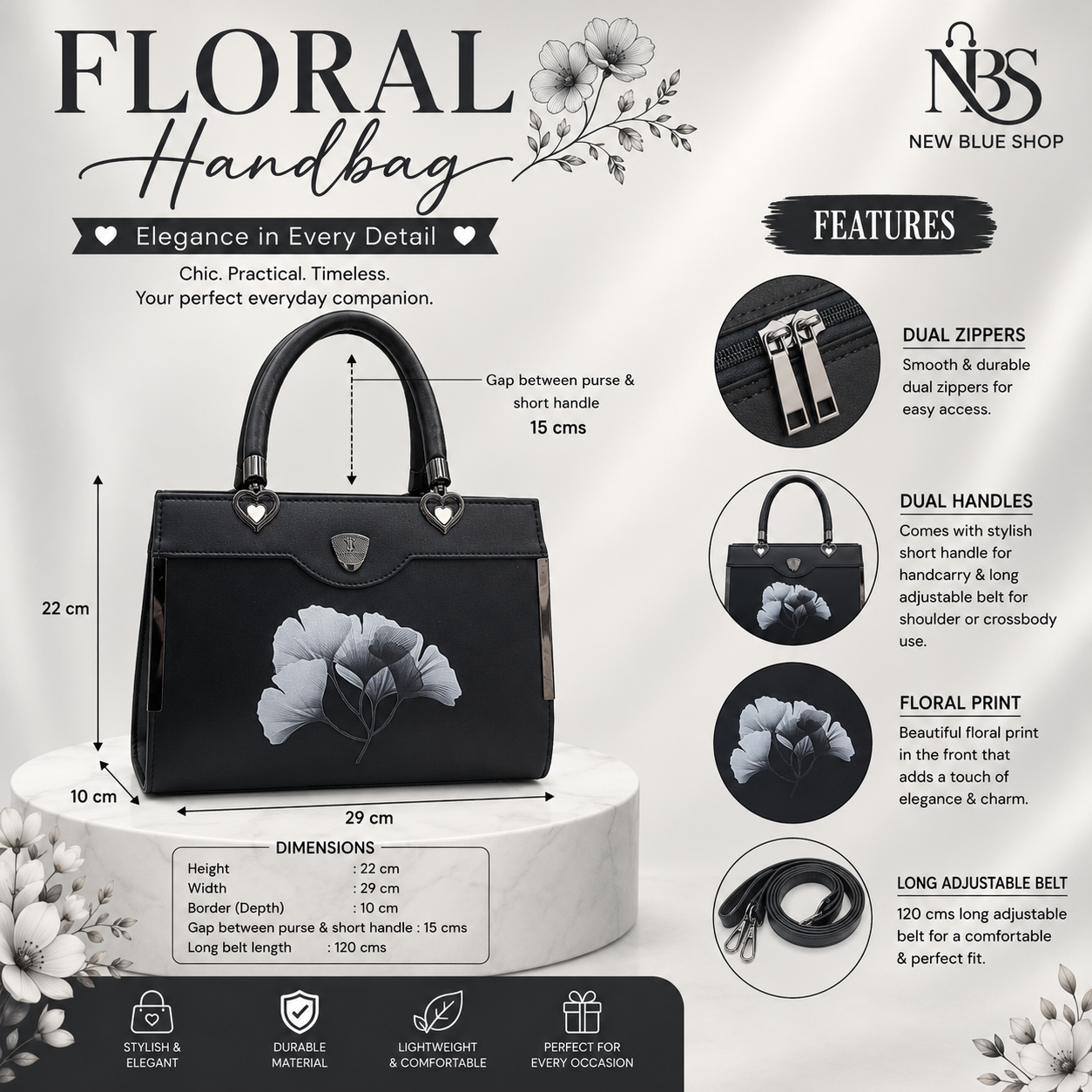 Floral Printed Handbag - Detachable Sling (Black)