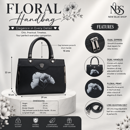 Floral Printed Handbag - Detachable Sling (Black)