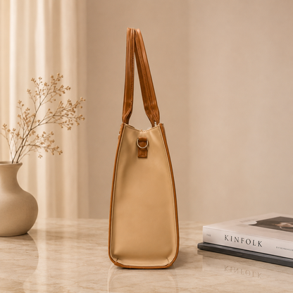 Two Tone Combination Tote Bags (Beige & Tan)