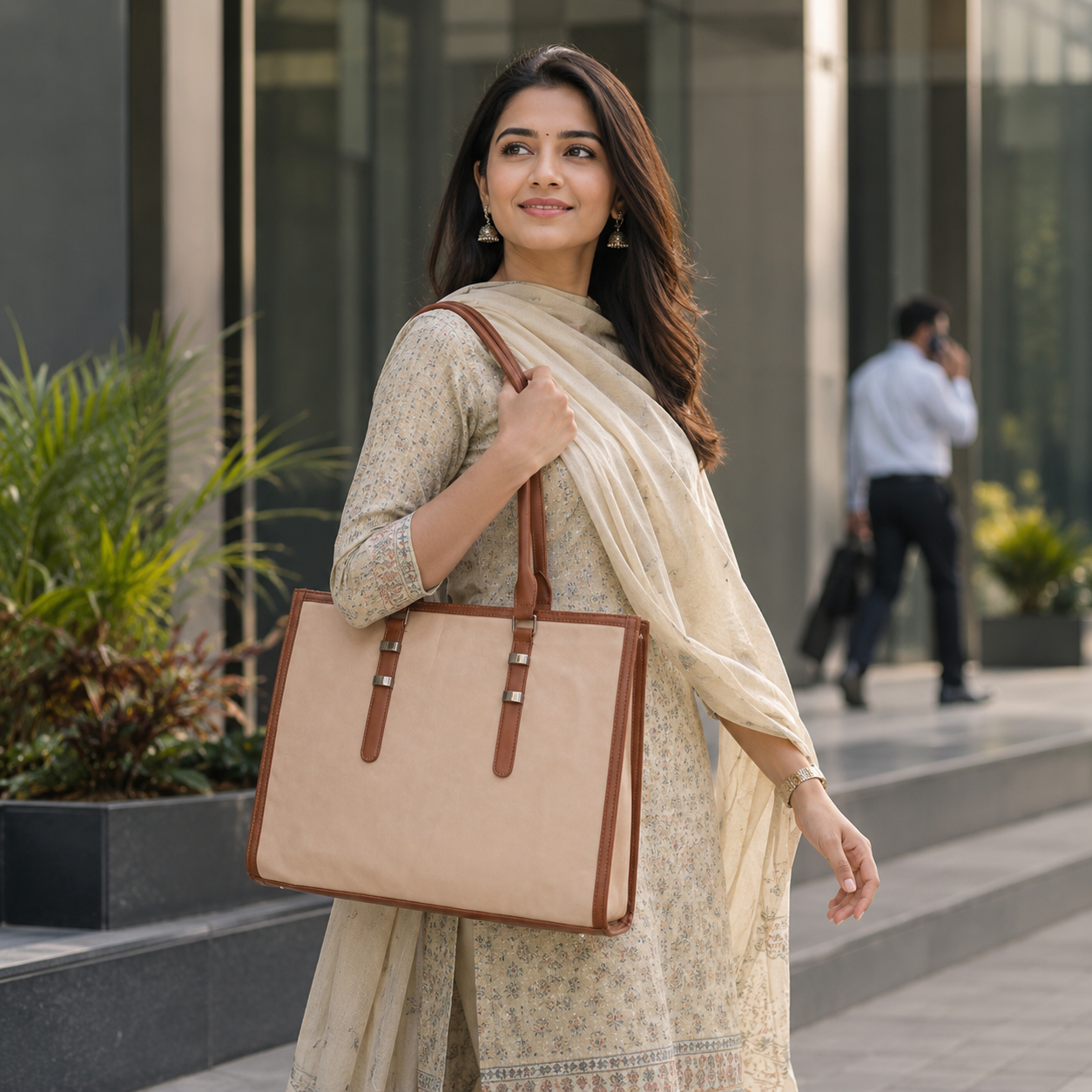 Two Tone Combination Tote Bags (Beige & Tan)