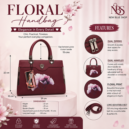 Floral Printed Handbag - Detachable Sling (Maroon)