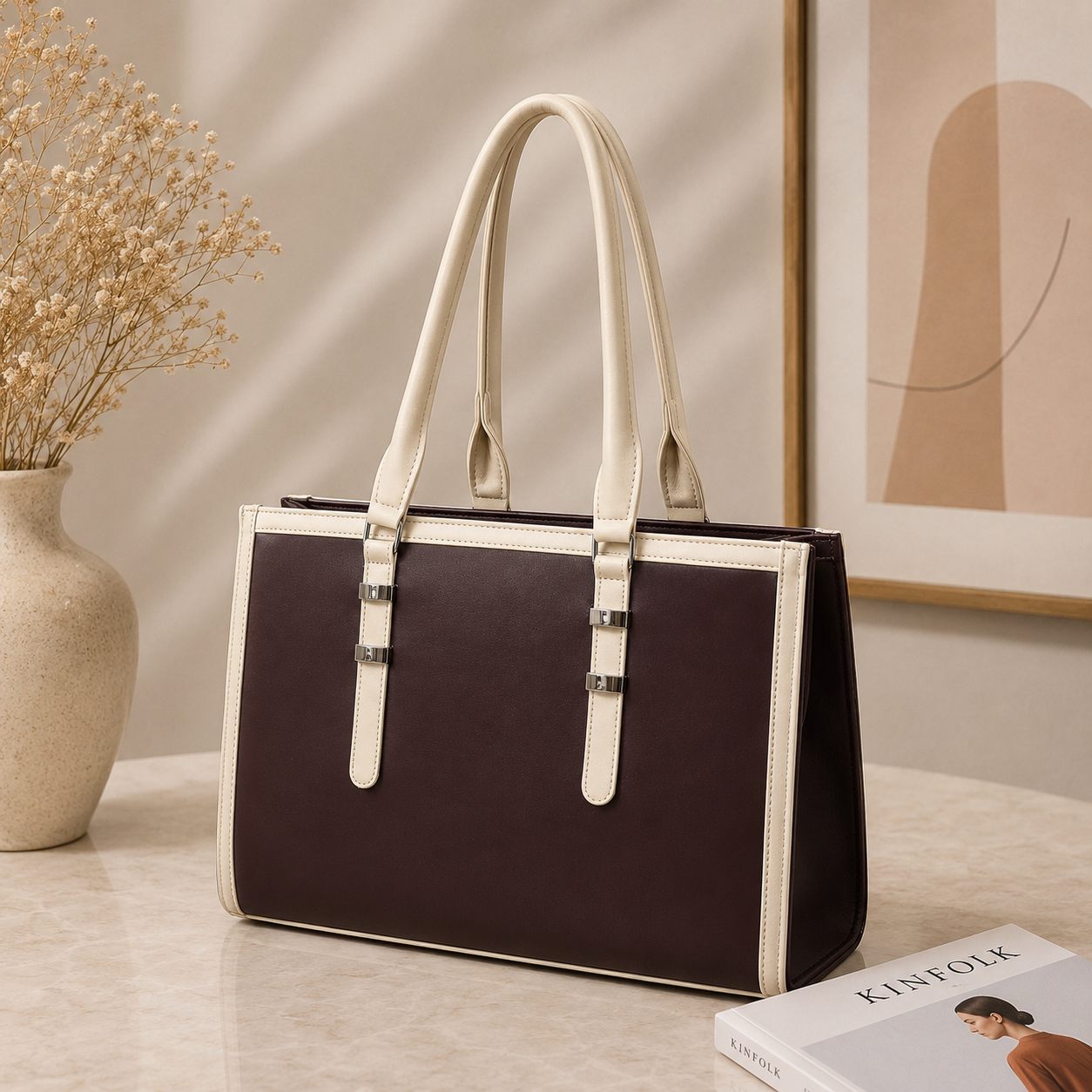 Two Tone Combination Tote Bags (Brown & Cream)