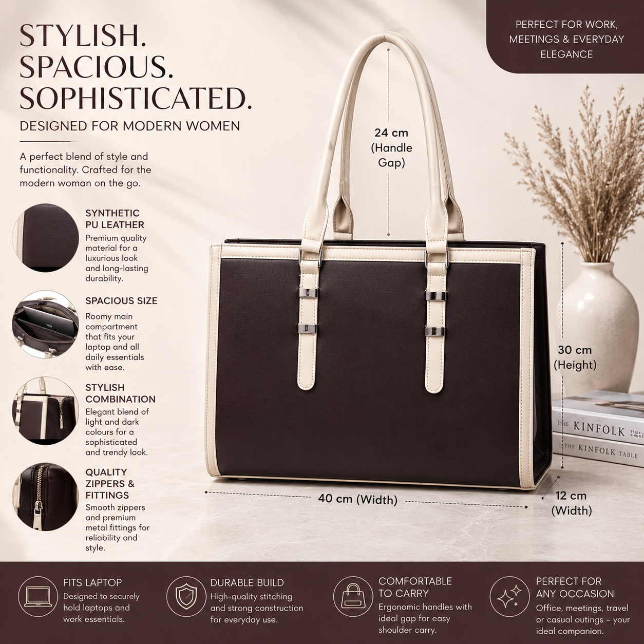 Two Tone Combination Tote Bags (Brown & Cream)
