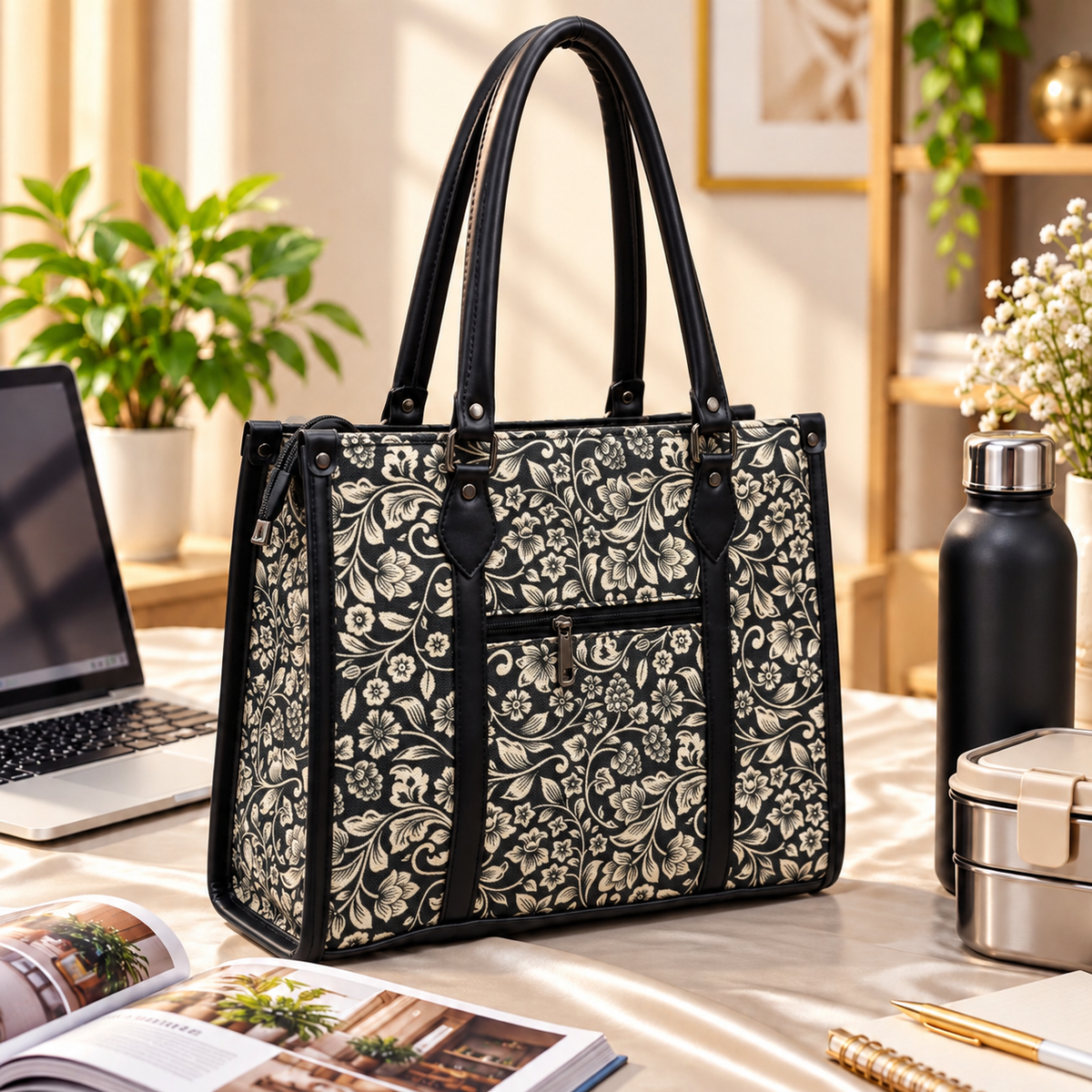 Eco Friendly Canvas Laptop Handbag (Black Floral)