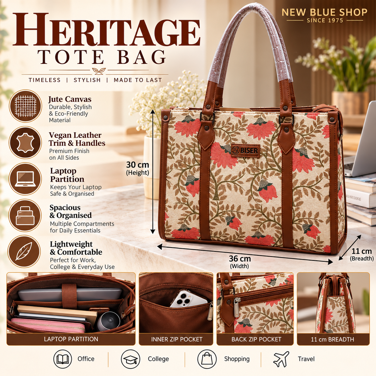 Eco Friendly Canvas Laptop Handbag (Indian Print work)