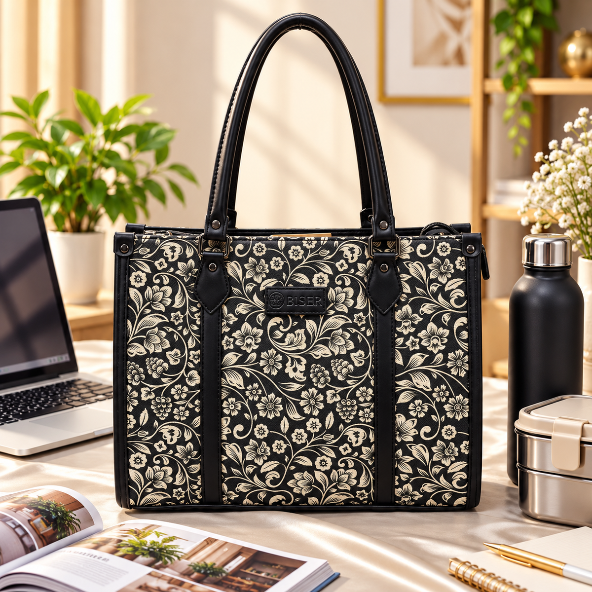 Eco Friendly Canvas Laptop Handbag (Black Floral)