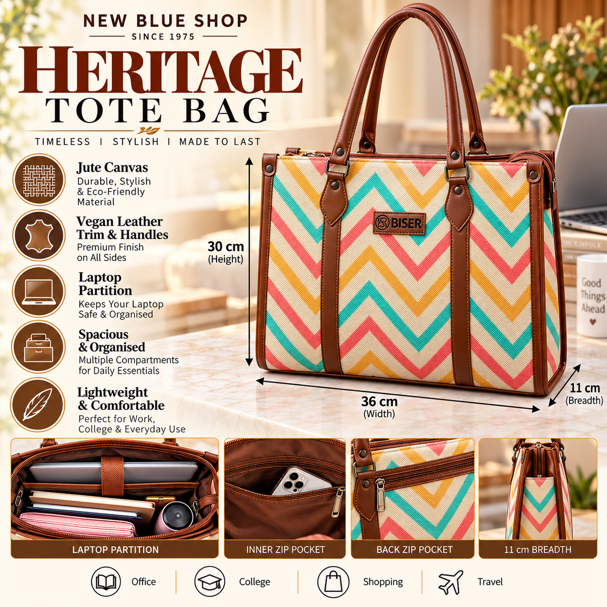 Eco Friendly Canvas Laptop Handbag (Lehri Zigzag)