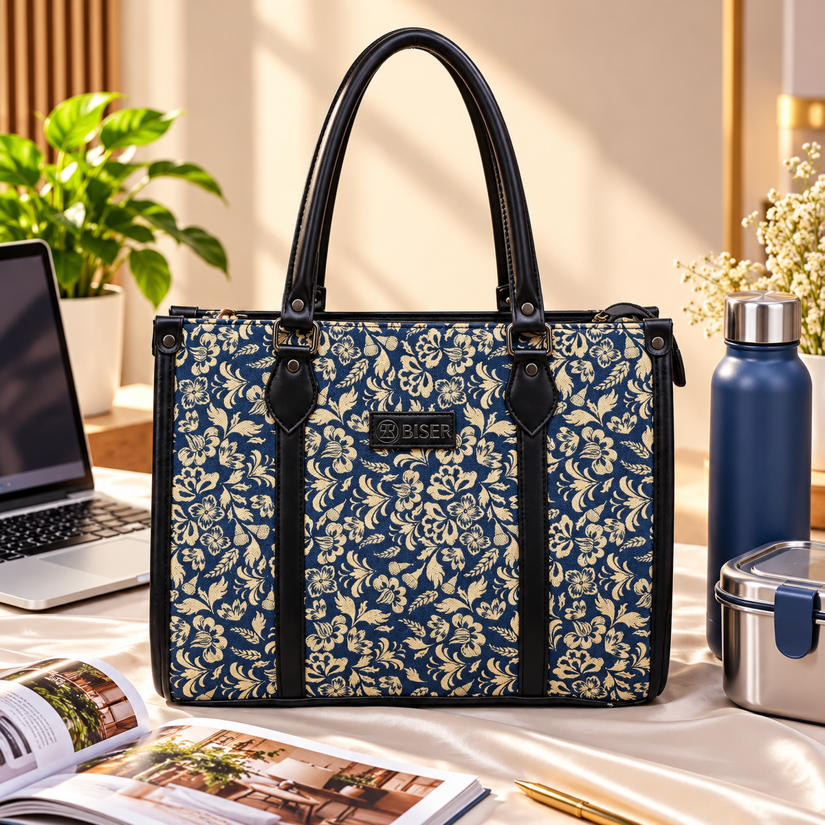 Eco Friendly Canvas Laptop Handbag (Blue Floral)