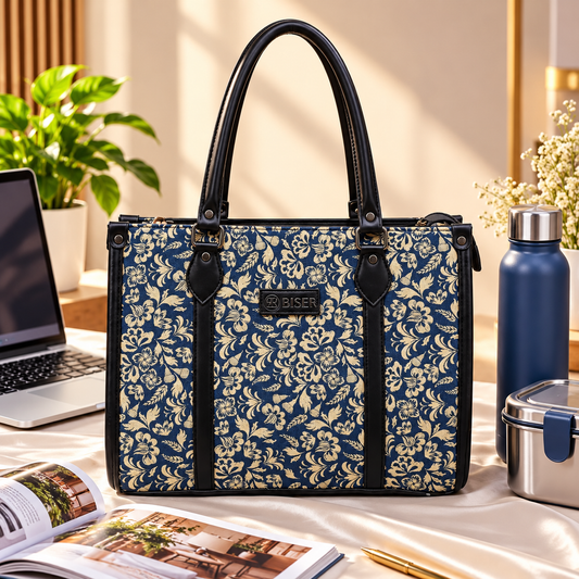 Eco Friendly Canvas Laptop Handbag (Blue Floral)
