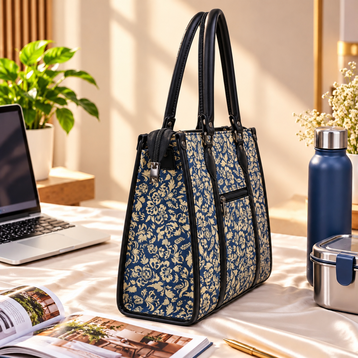 Eco Friendly Canvas Laptop Handbag (Blue Floral)